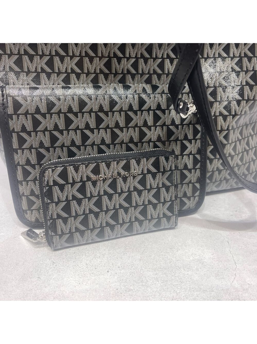 Michael Kors Eliza XL Tote + Pouch & Wallet Set MK Signature Logo Black - Picture 5 of 10